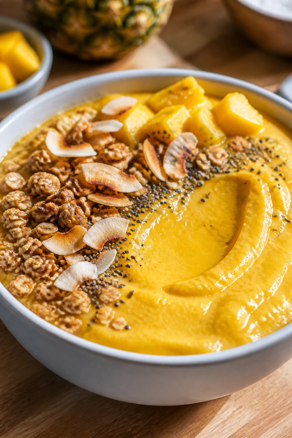 Close-up of thick tropical smoothie bowl with mango-pineapple base and crunchy toppings on a sunlit kitchen counter