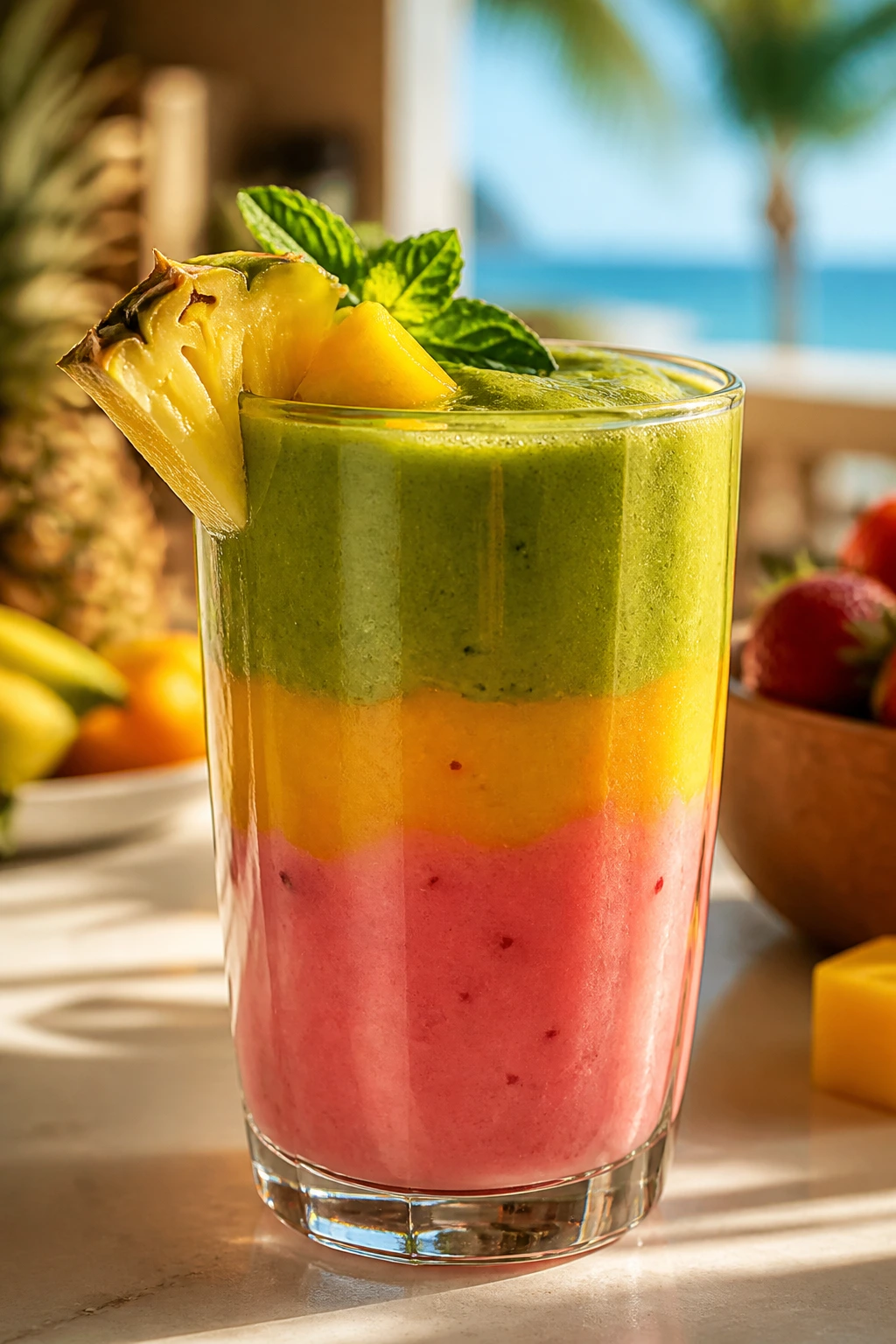 Thick tropical smoothie in a glass with warm vacation lighting