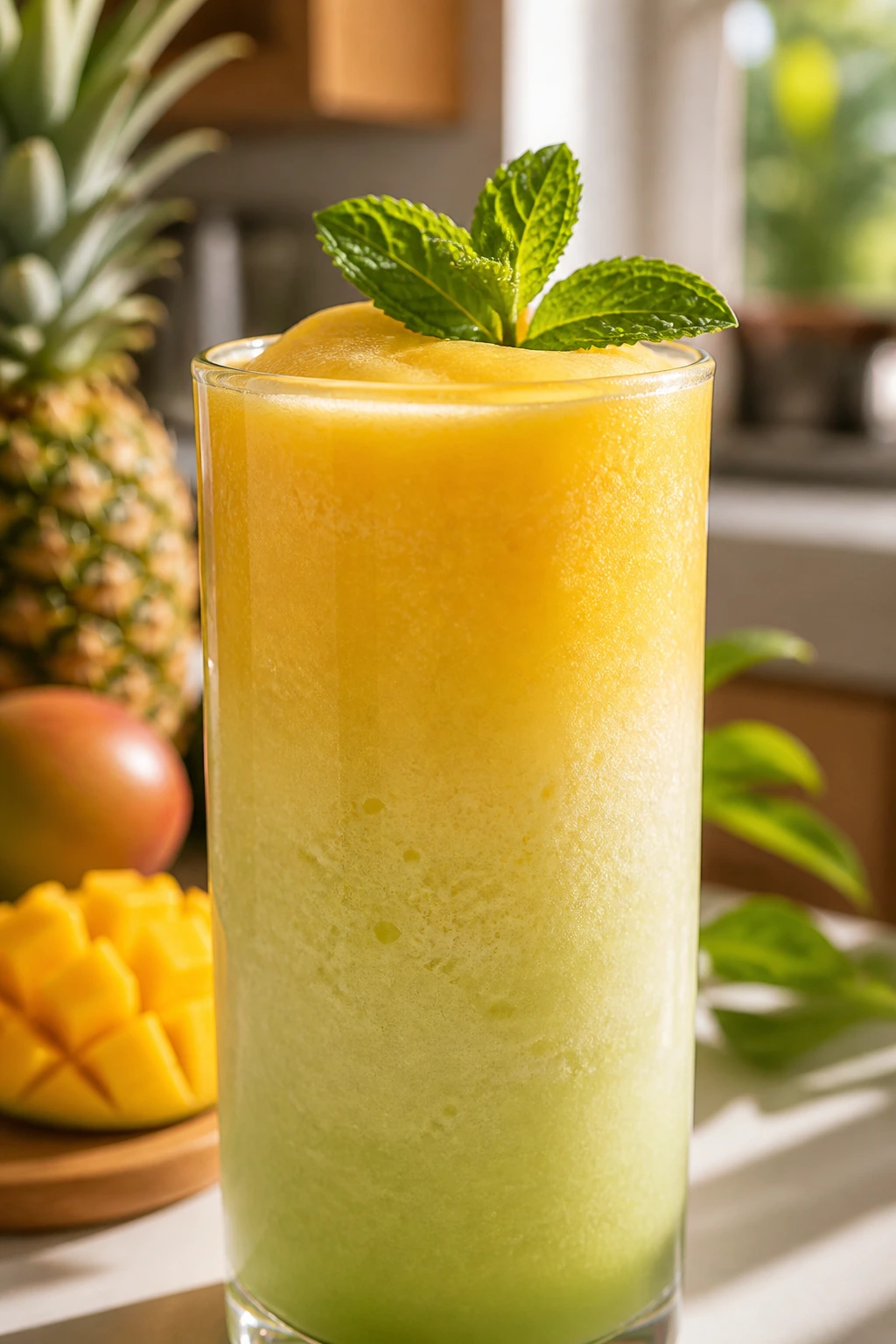 Tall glass of tropical smoothie with color gradient and mint garnish
