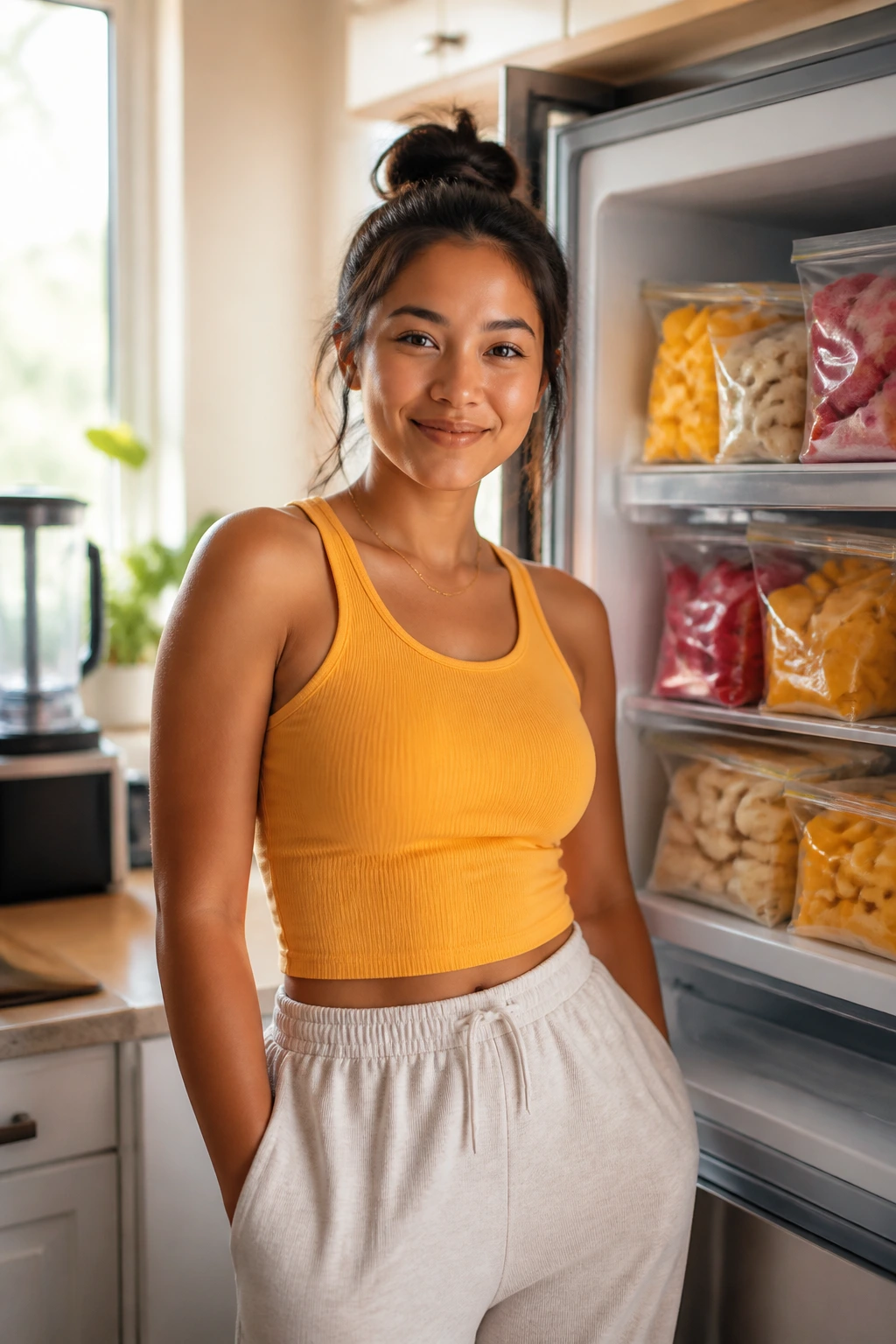 Portrait of a person in a kitchen with open freezer and smoothie packs