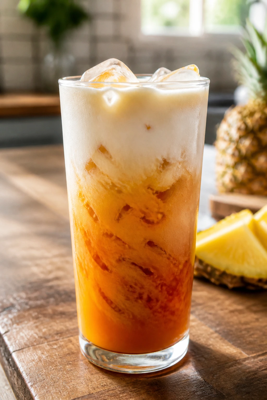Close-up of Tropical Thai Iced Tea with amber tea and coconut cream in a glass.