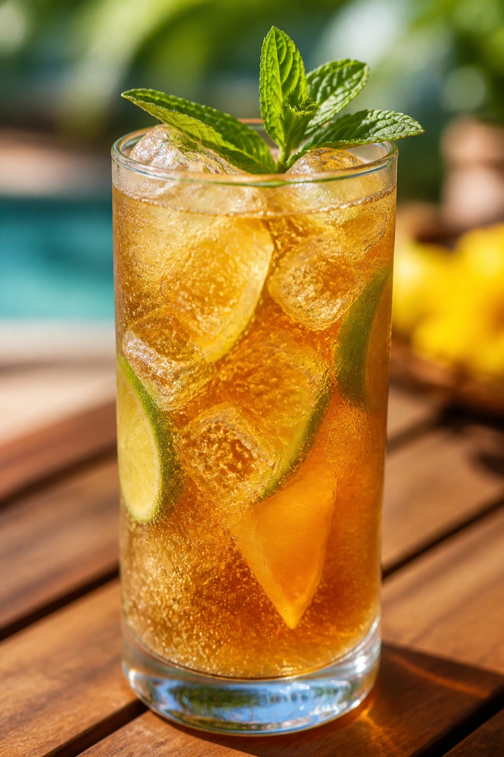 Tall glass of sparkling tropical tea with mint garnish