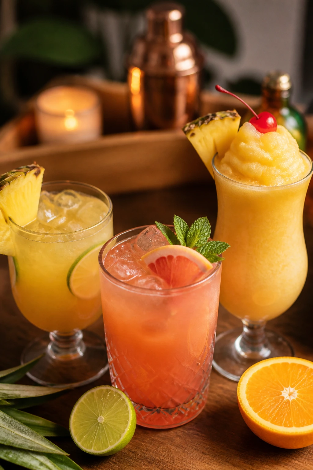 Three colorful tropical drinks representing variations and adaptations on a wooden table