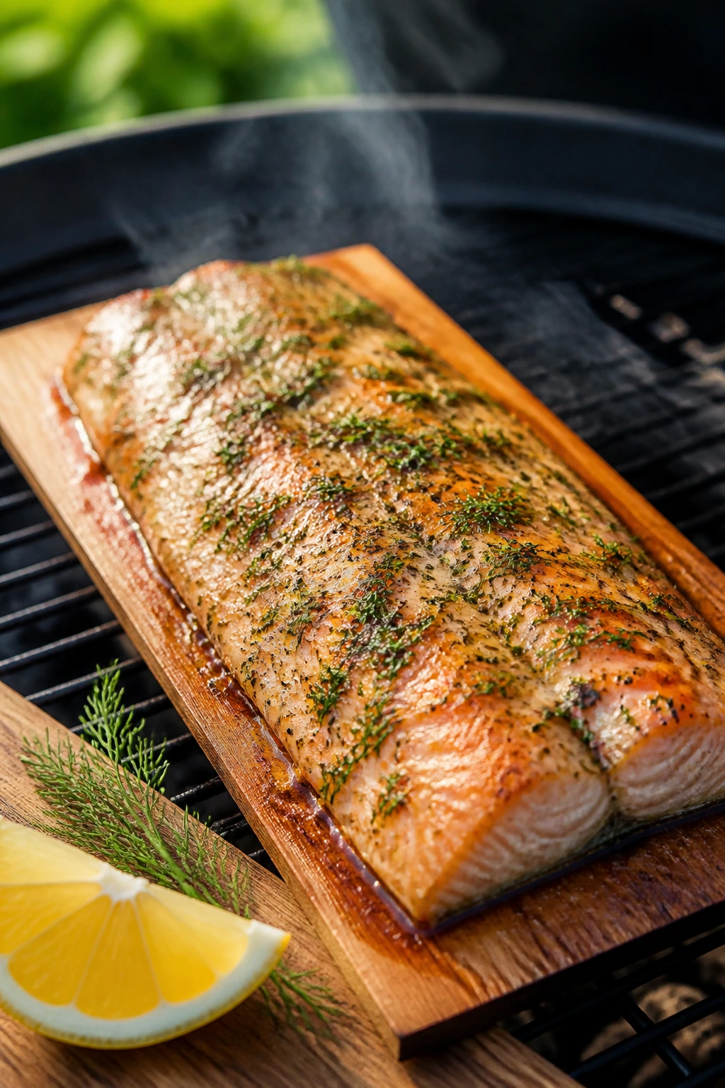 Trout fillet on cedar plank with herbs and lemon on wooden board