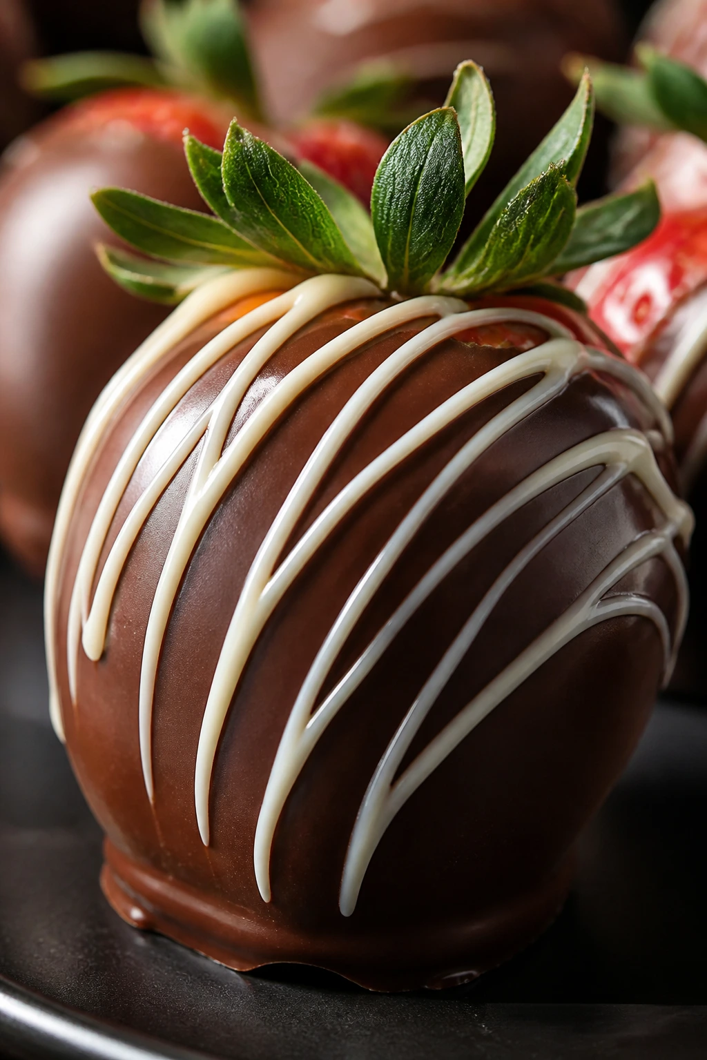 Close-up of a glossy chocolate-covered strawberry truffle on a dark plate