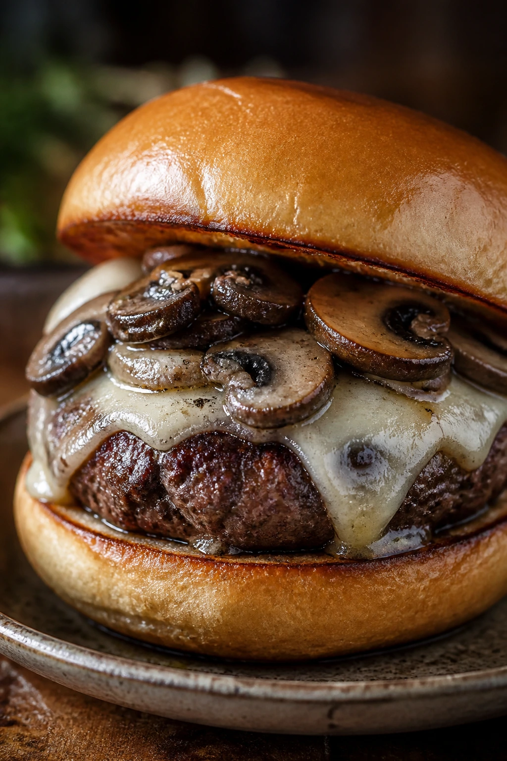 Close-up of a Truffle Mushroom Burger with mushrooms and melted fontina