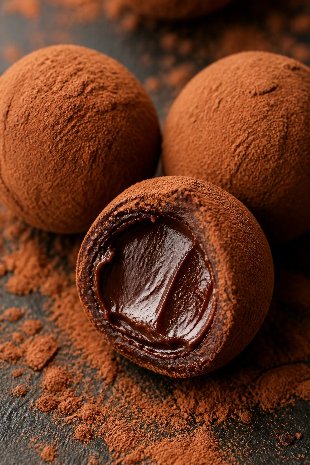 Cluster of cocoa-dusted chocolate truffles on dark slate