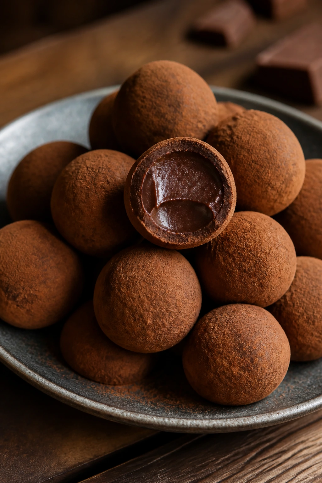 Dark chocolate truffles dusted with cocoa on a plate