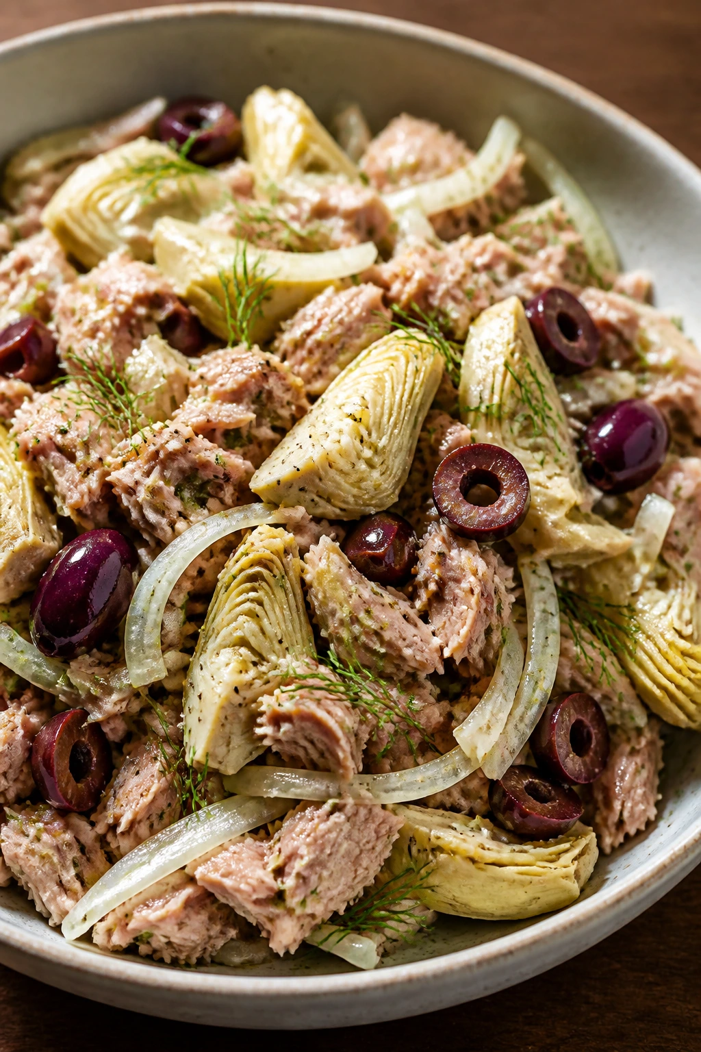 Salad with artichokes olives fennel and tuna in a bowl