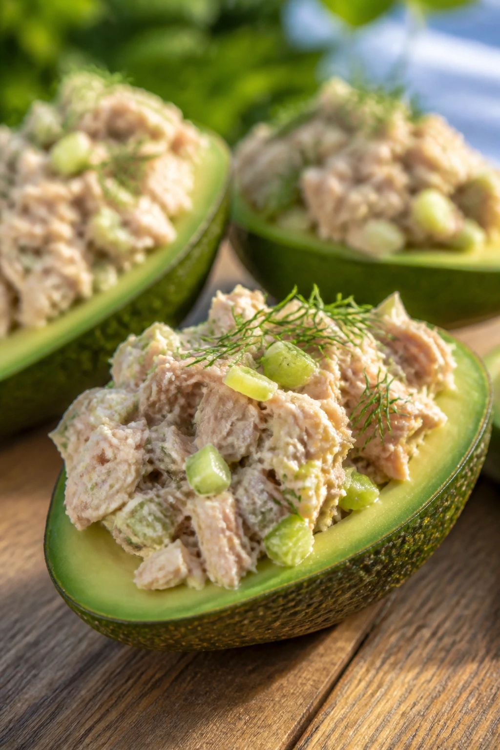 Close-up Tuna Salad Stuffed Avocados on a sunny outdoor table