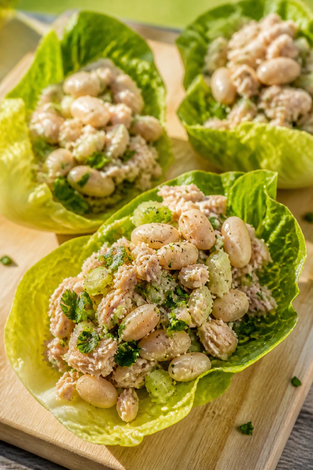 Tuna and white bean salad cups in romaine cups