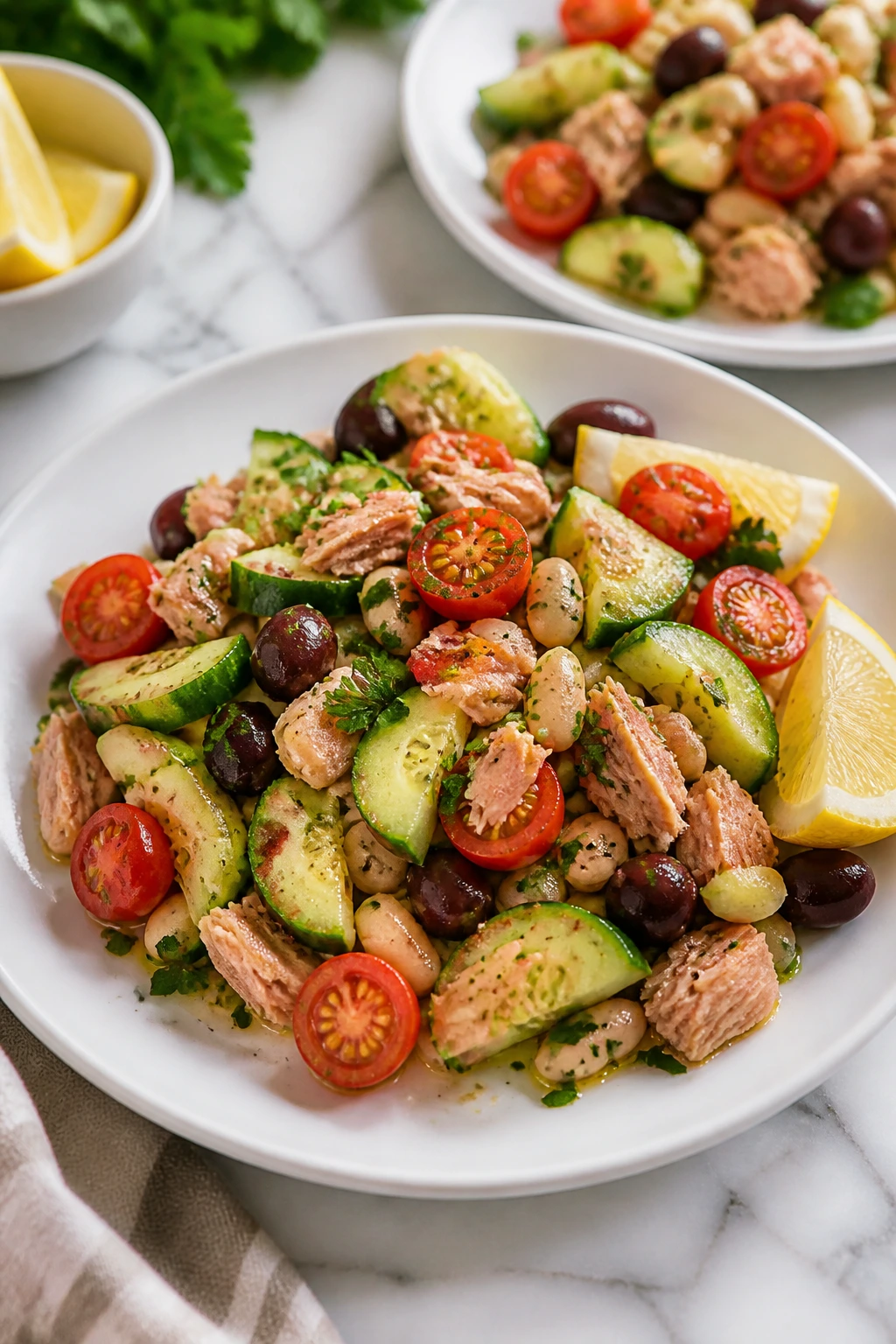 Plated Mediterranean tuna and bean salad with cucumber and olives