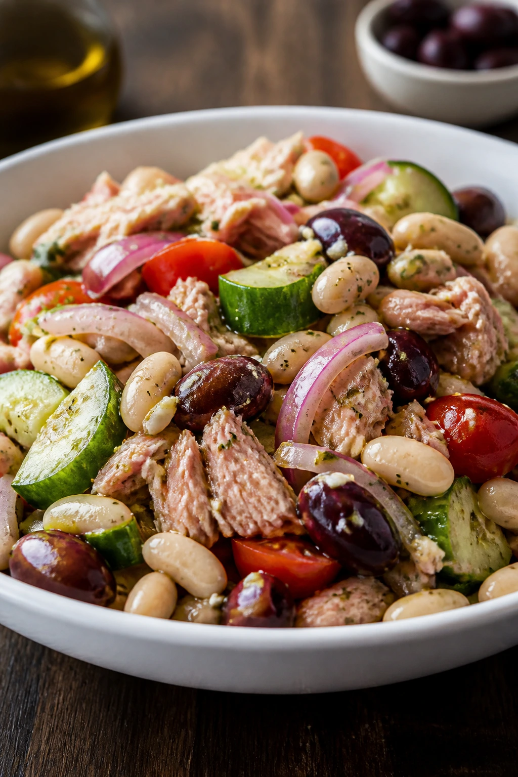 Close-up of Greek tuna and white bean salad in a white bowl
