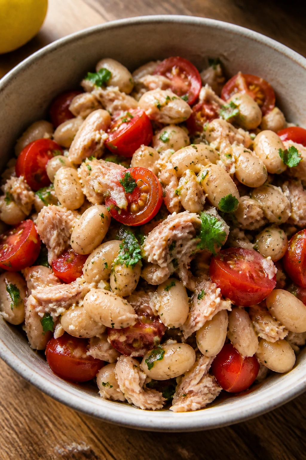 Tuna white bean tomato bowl on a wooden table