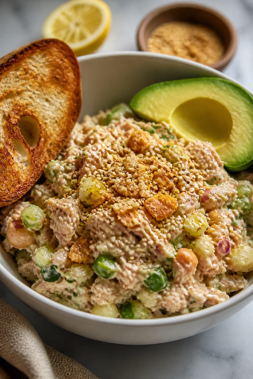 Tuna salad bowl with sesame seeds and avocado topping.