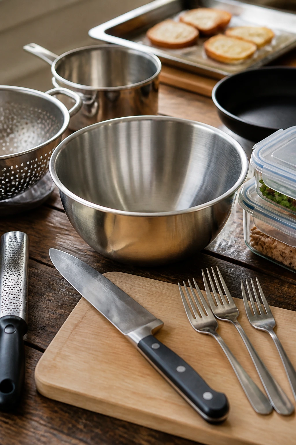 Close-up of essential kitchen tools for tuna bowls on a wooden counter.
