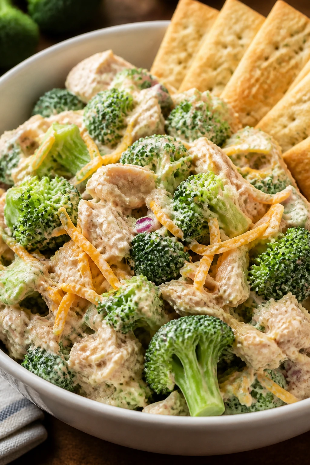 Broccoli cheddar tuna salad with crackers