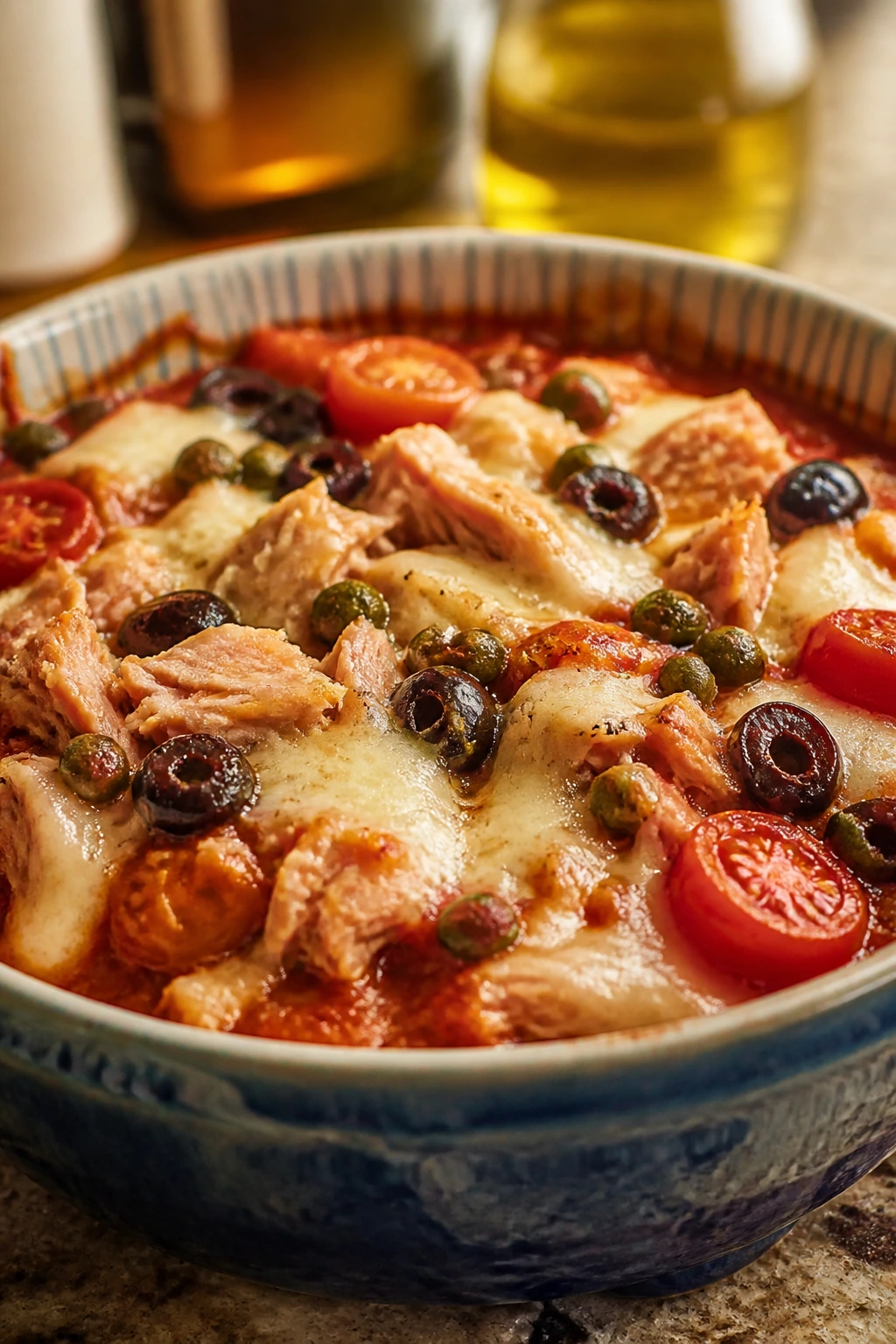 Tuna caper tomato pizza bowl close-up