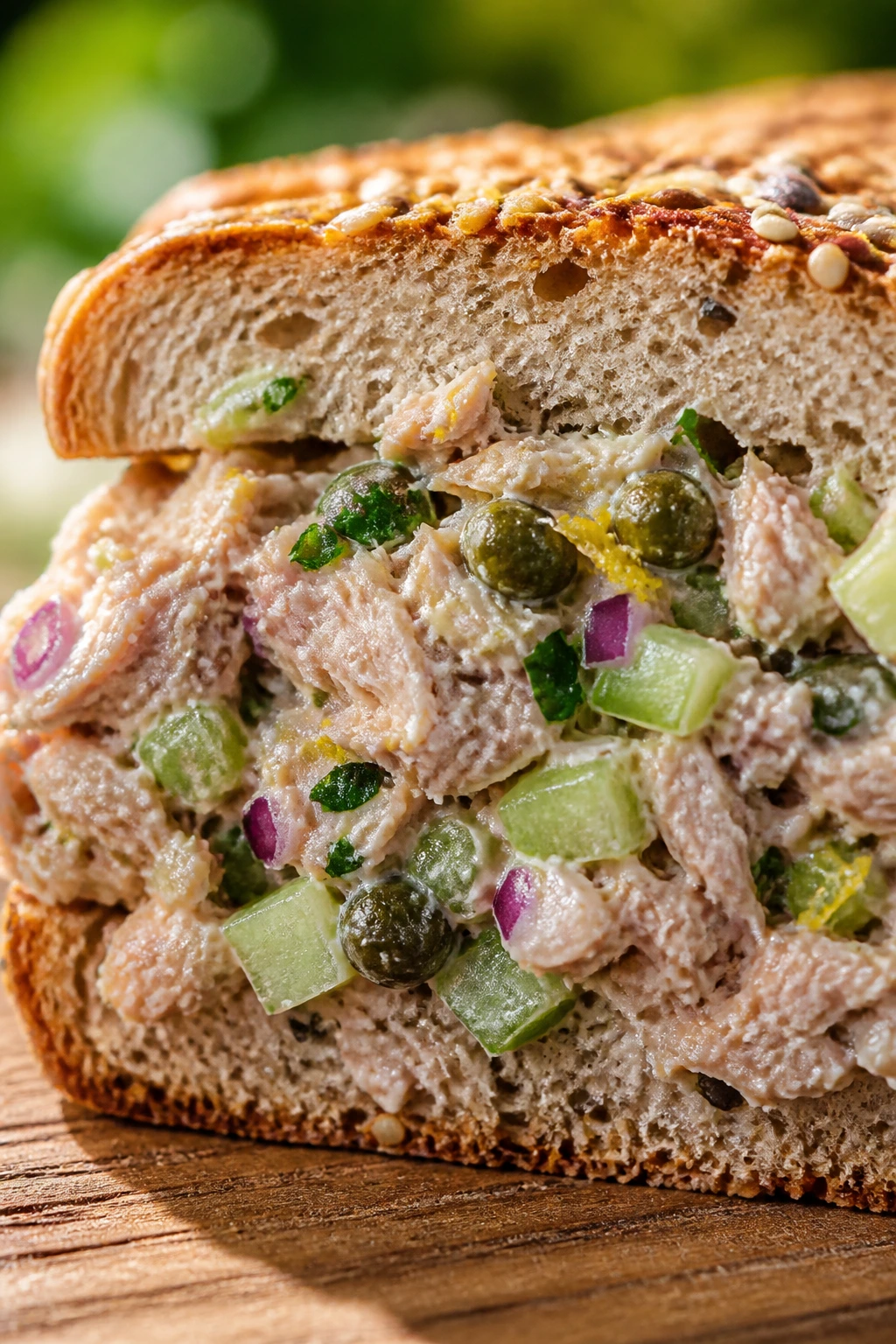 Close-up tuna salad with capers and lemon on seeded bread outdoors