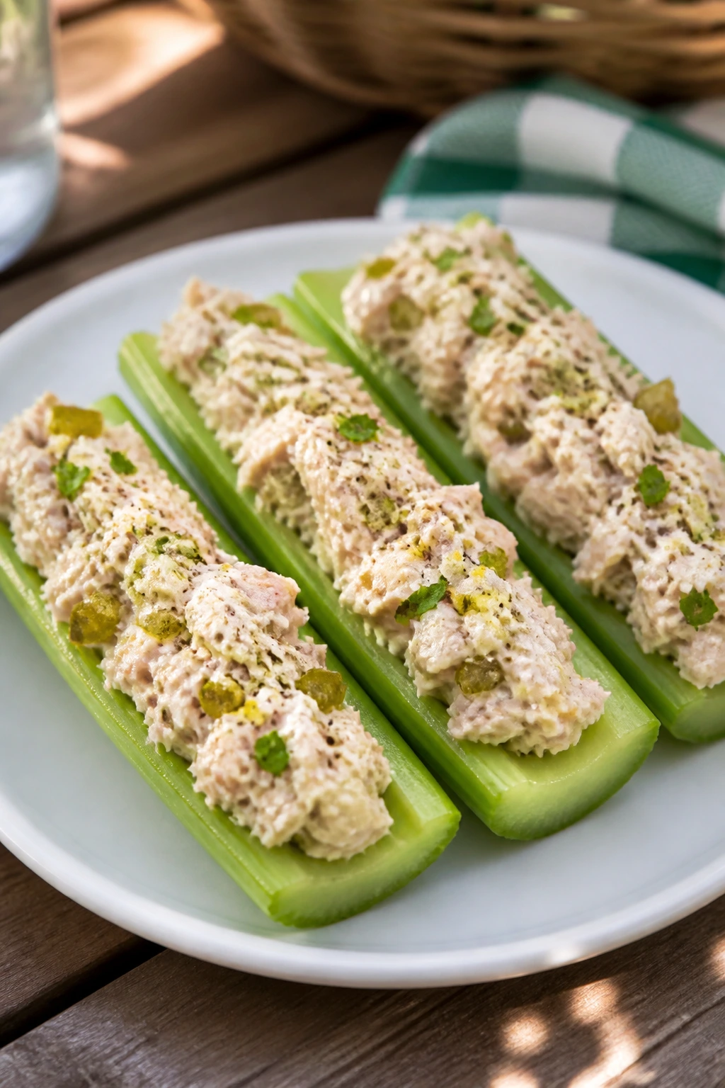 Celery boats with tuna salad on a picnic table