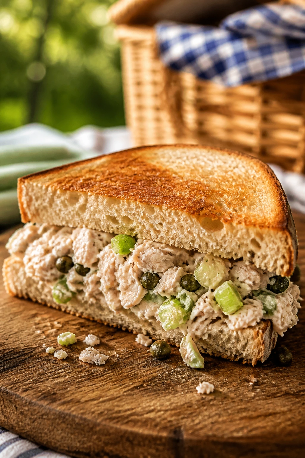 Half tuna salad sandwich on sourdough with celery and capers, outdoors