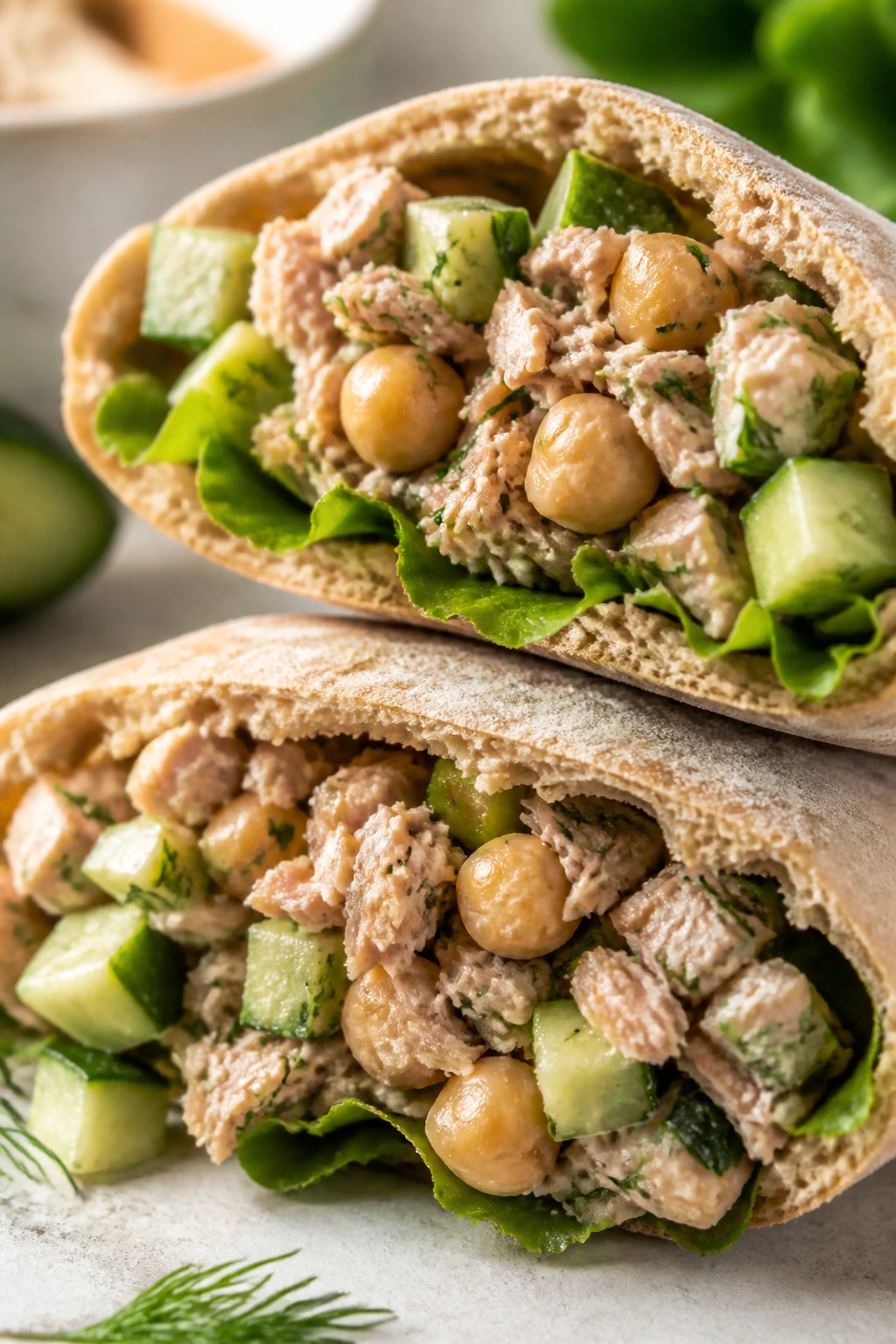 Close-up of pita pocket halved with tuna-chickpea filling and cucumber on a kitchen counter