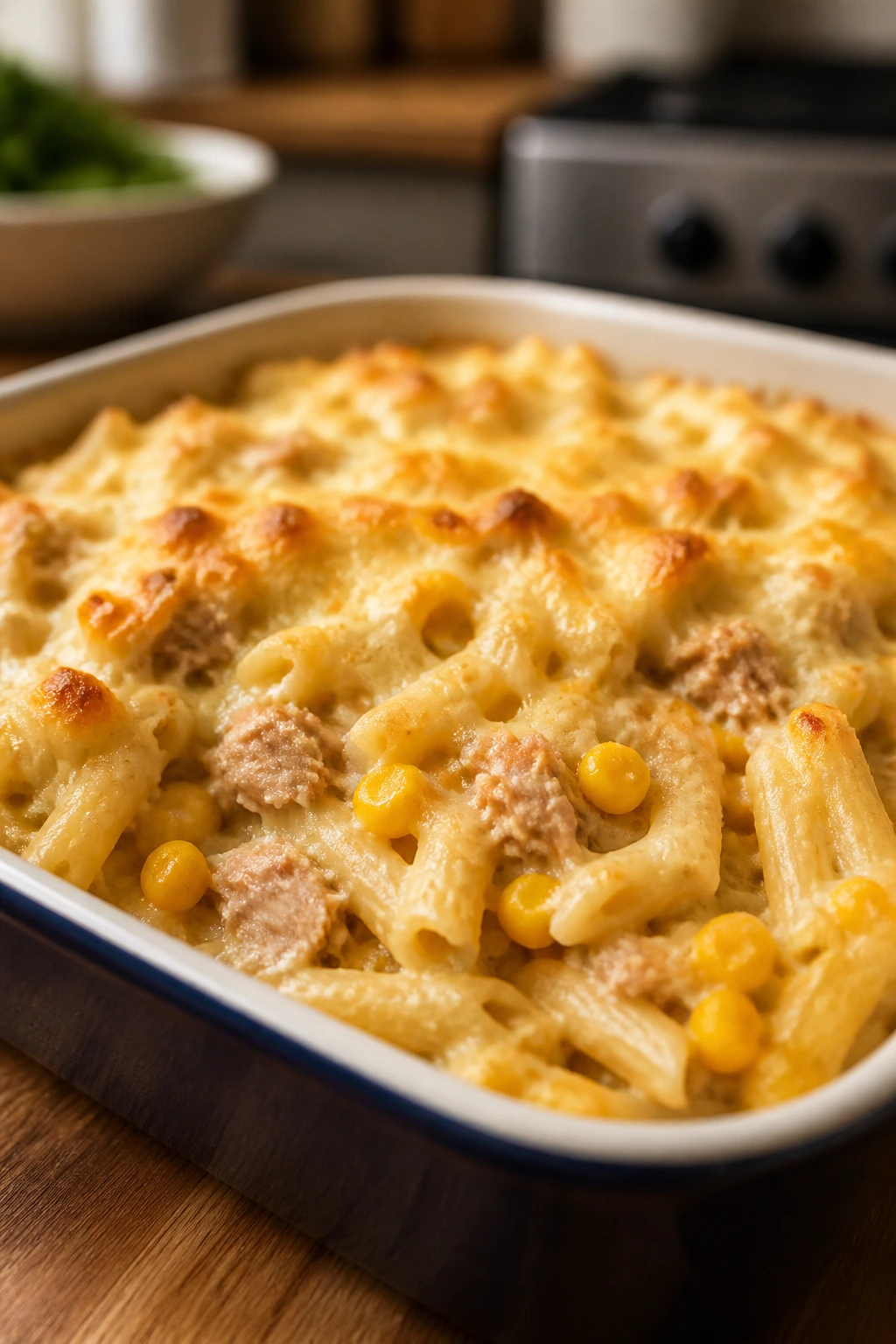 Creamy tuna pasta bake with corn in a baking dish