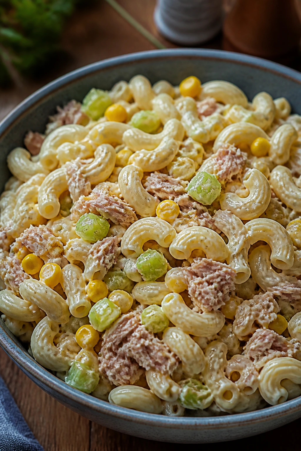 Close-up of tuna corn pasta salad in a bowl