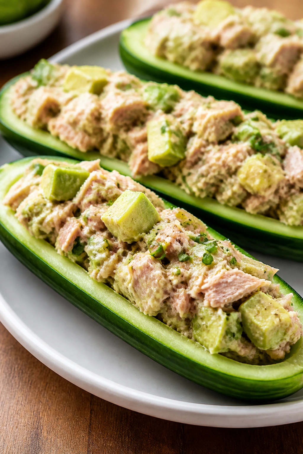 Cucumber boats filled with tuna avocado mixture on plate
