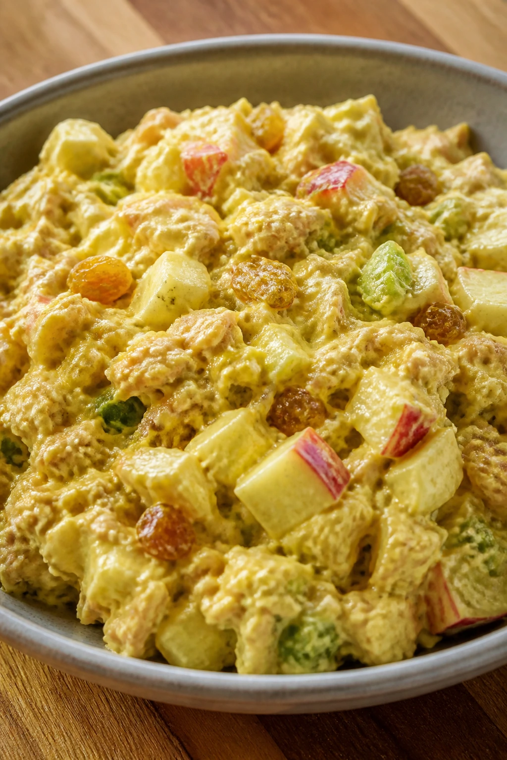 Curried tuna salad with apples and raisins in a bowl