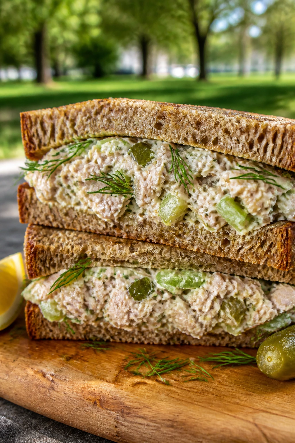 Rye bread tuna salad sandwich with dill pickles