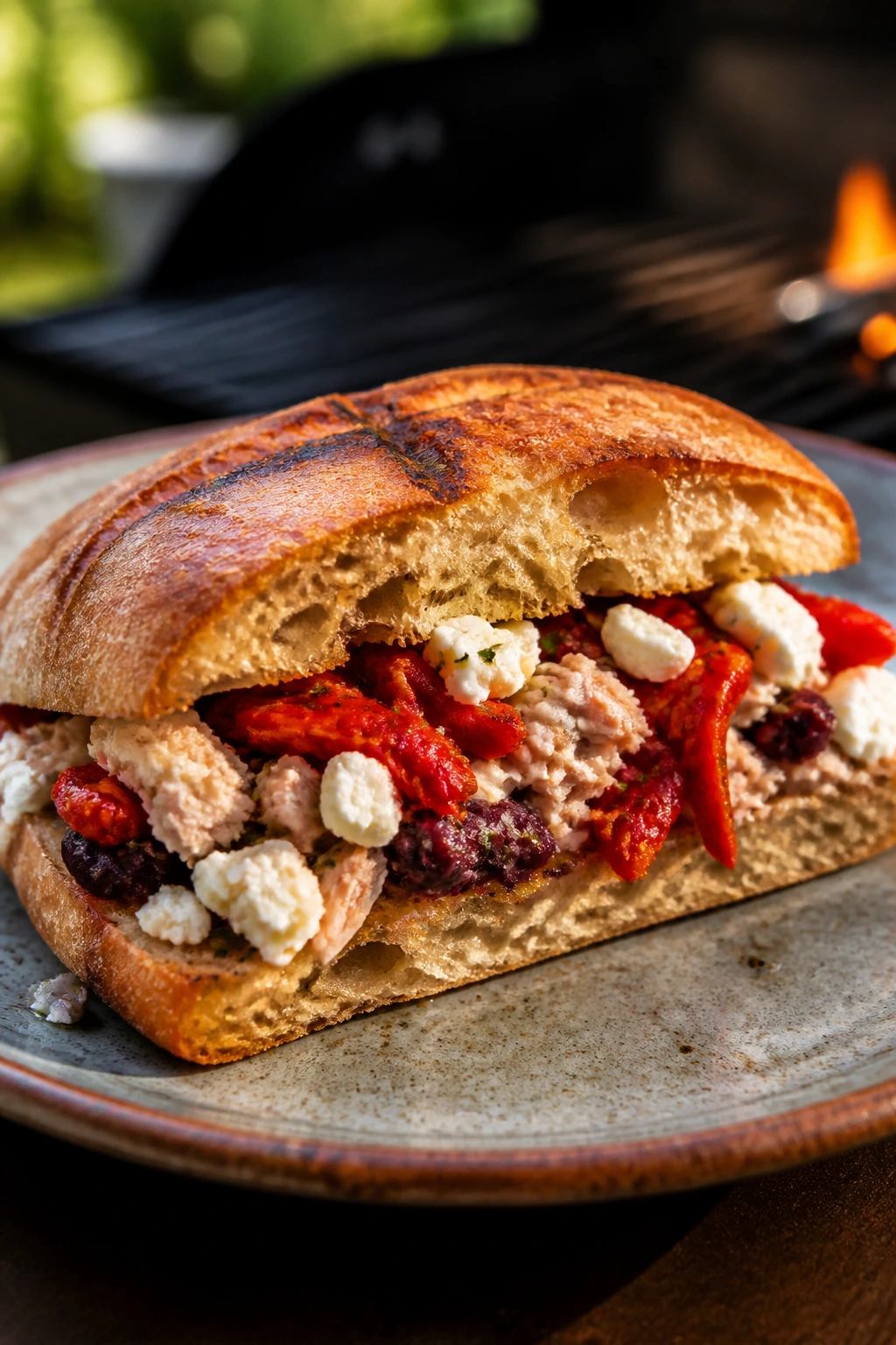 Close-up of a Mediterranean Tuna Melt with tuna, olive tapenade, feta, and roasted peppers on ciabatta