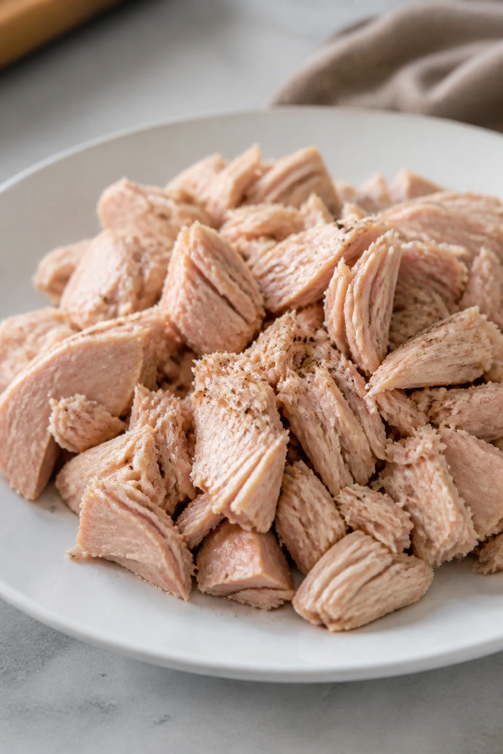 Flaked tuna on a plate showing moist texture