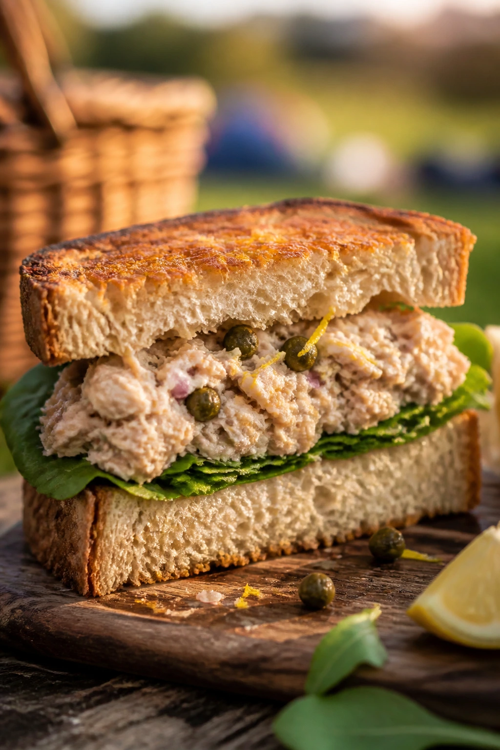 Close-up of Tuna Salad with Lemon and Capers sandwich half outdoors