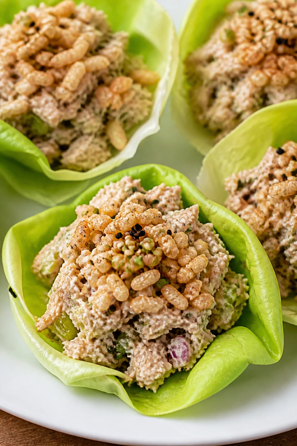Tuna lettuce cups with crispy rice and sesame on a plate