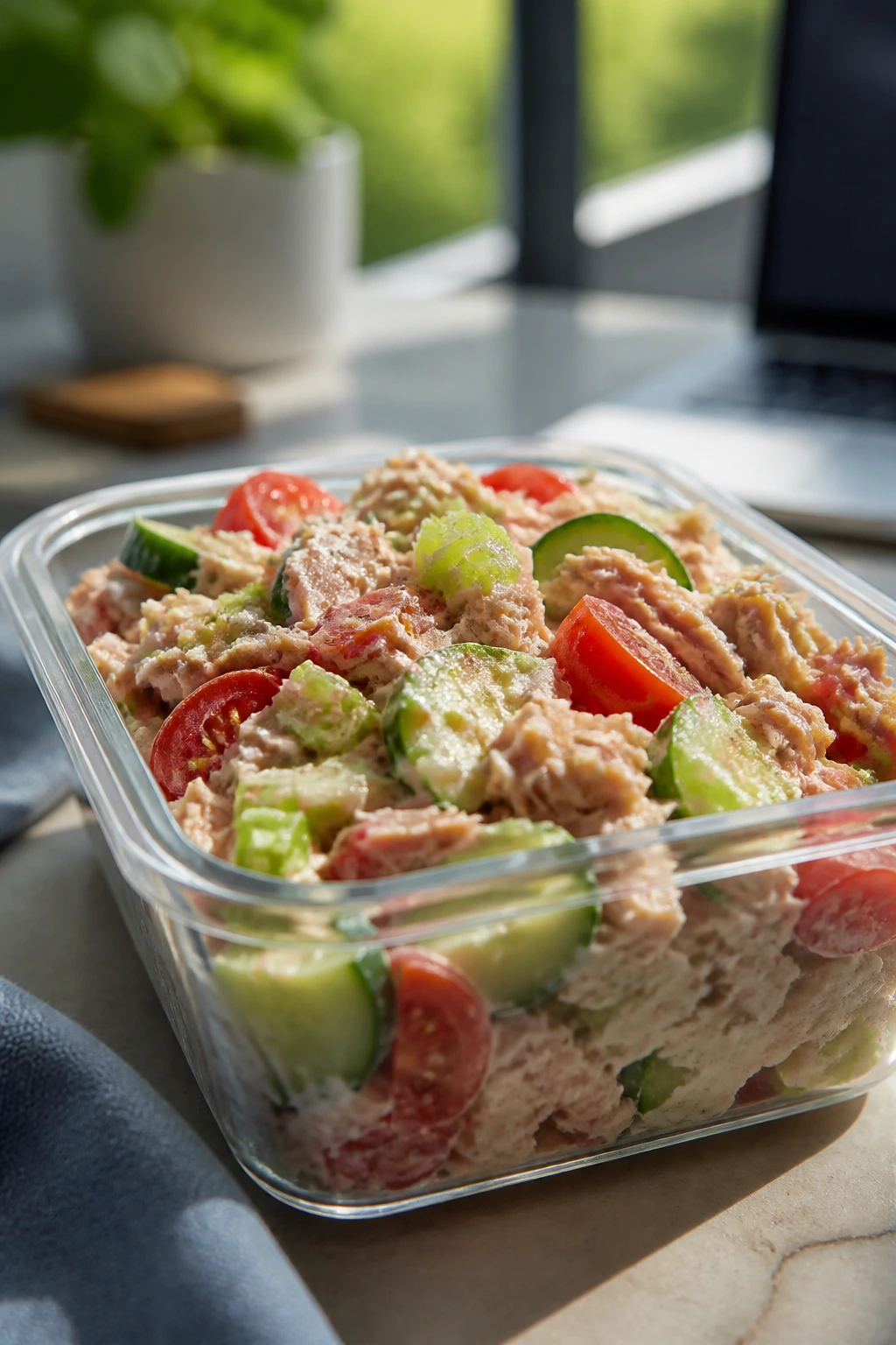 Transparent lunch container with tuna and vegetables