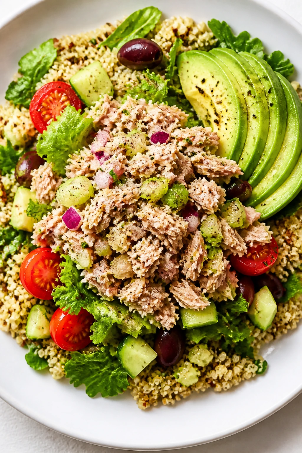 Plated tuna salad on quinoa with avocado greens