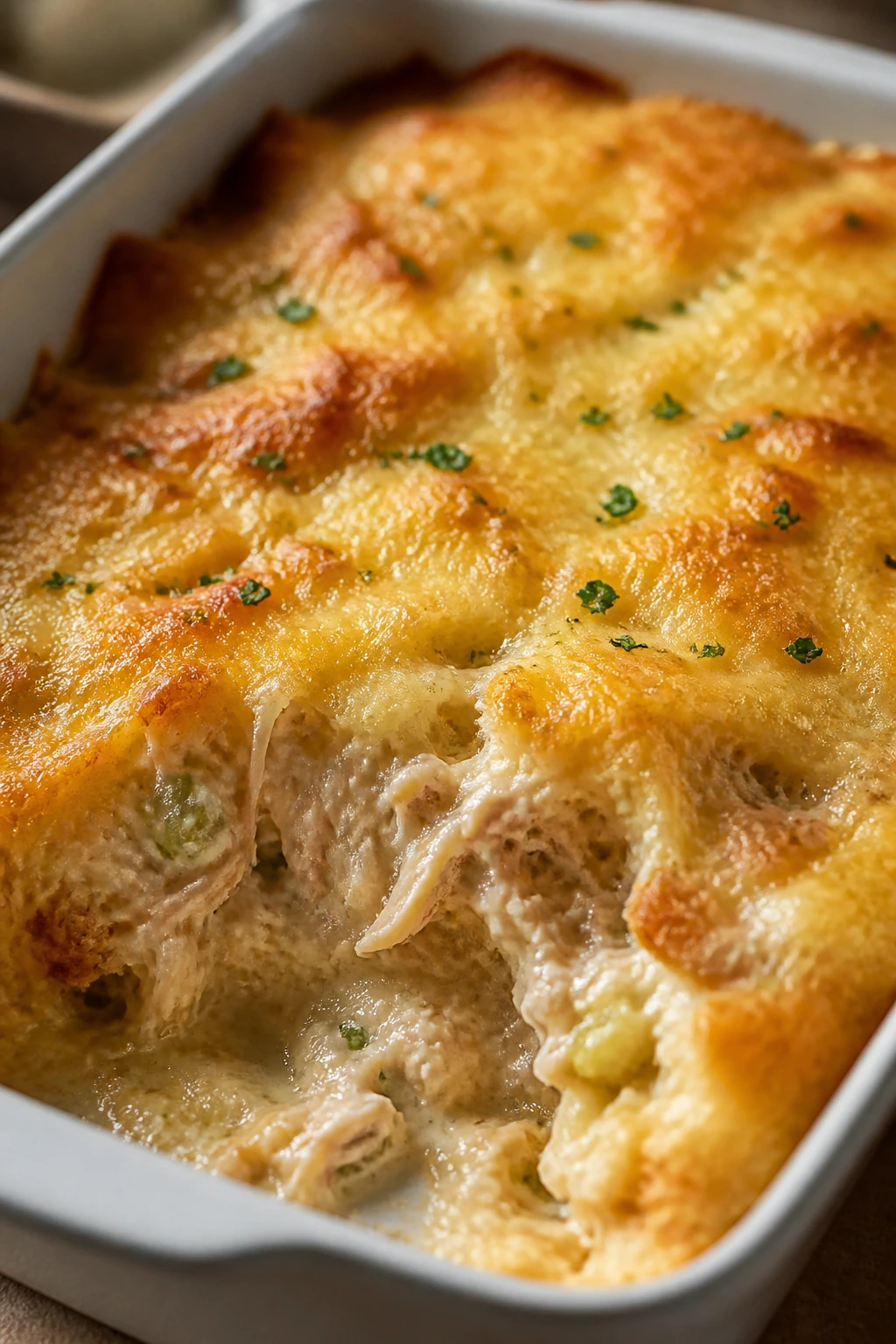 Close-up of creamy tuna melt bake in a baking dish
