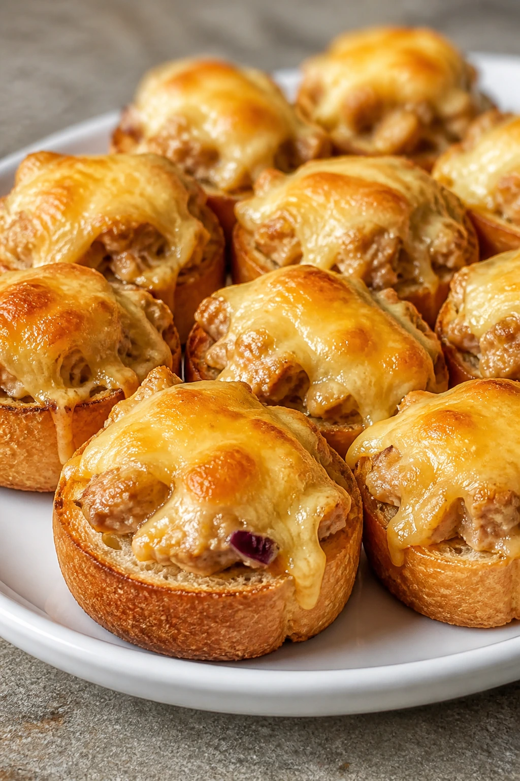 Bite-sized tuna melts with melted cheese on a plate