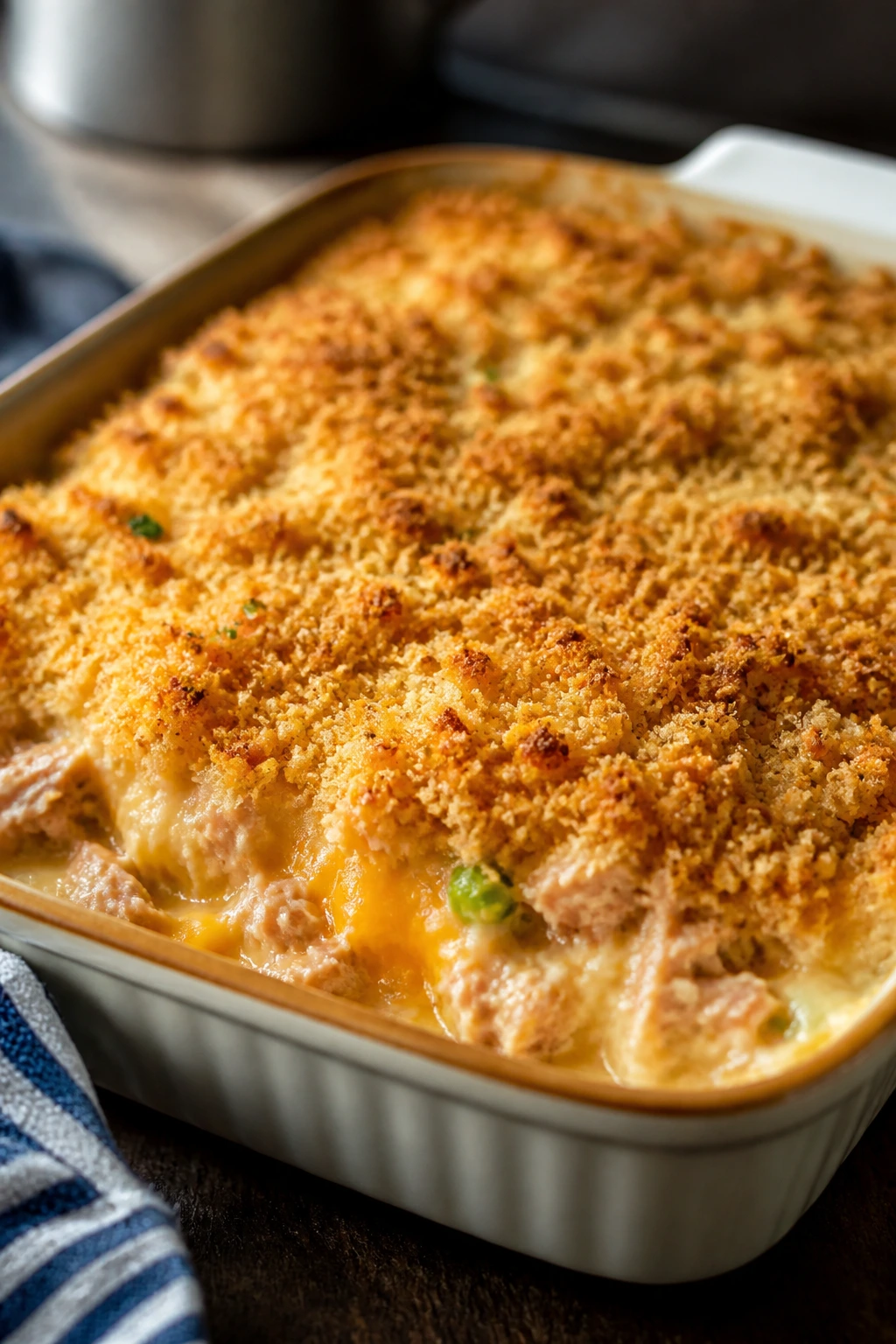 Close-up of Tuna Melt Casserole with golden breadcrumb crust