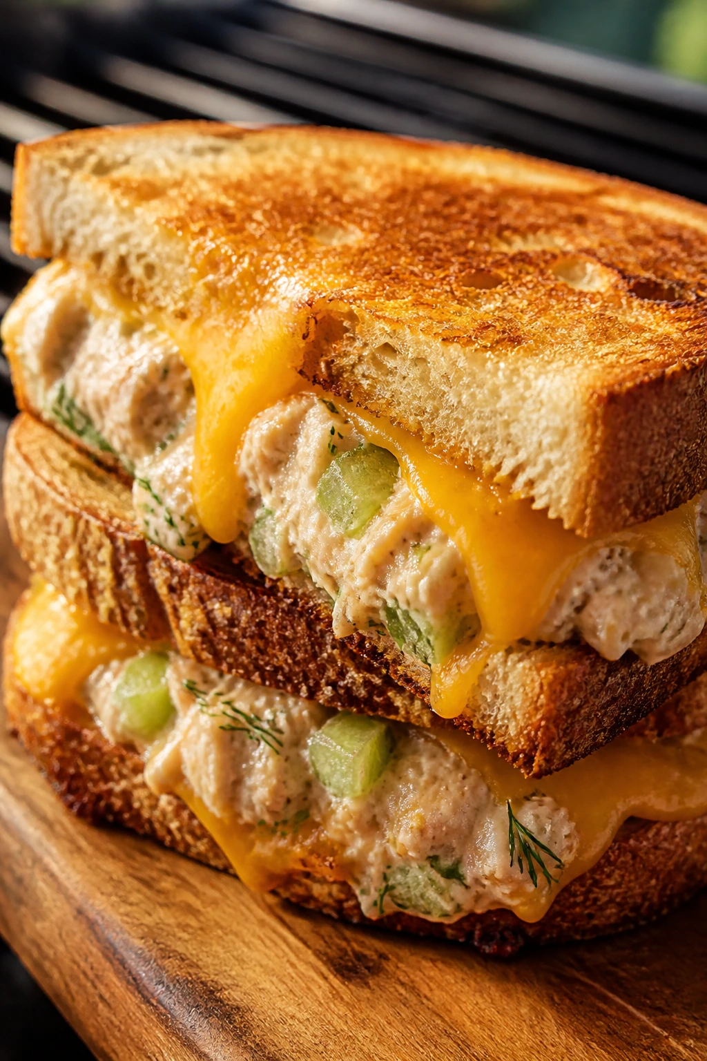 Close-up of tuna melt with celery and dill on toasted sourdough