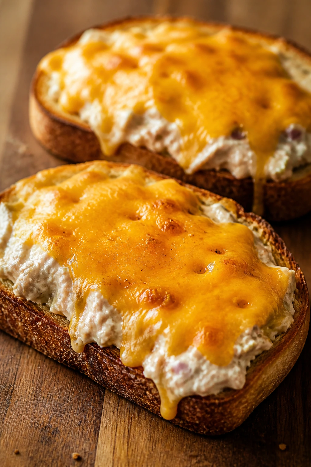 Open-faced tuna melt toasts with melted cheddar
