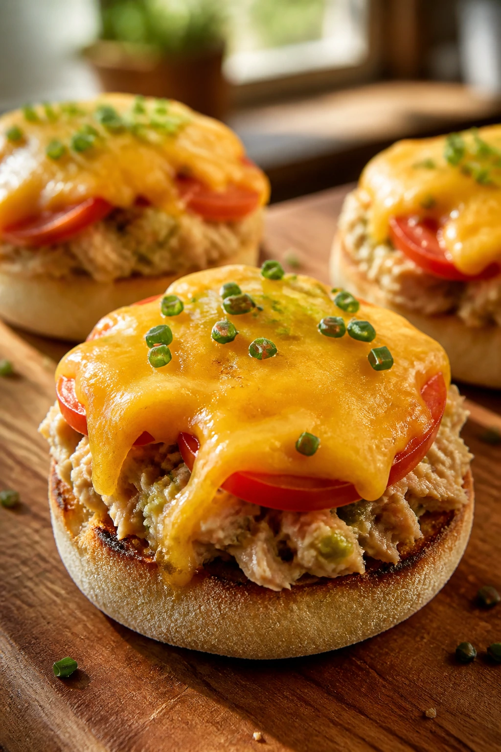 Close-up of a tuna melt on English muffin with tomato and melted cheddar