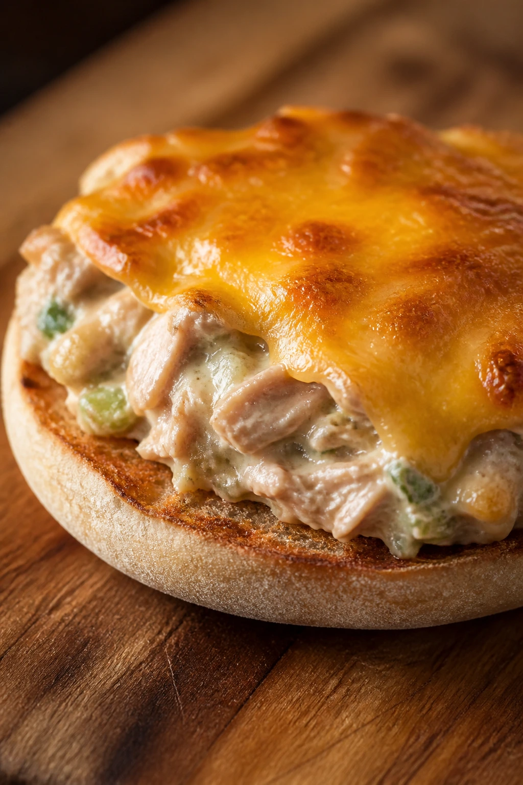 Close-up of a tuna melt on an English muffin half with melted cheddar in a warm kitchen