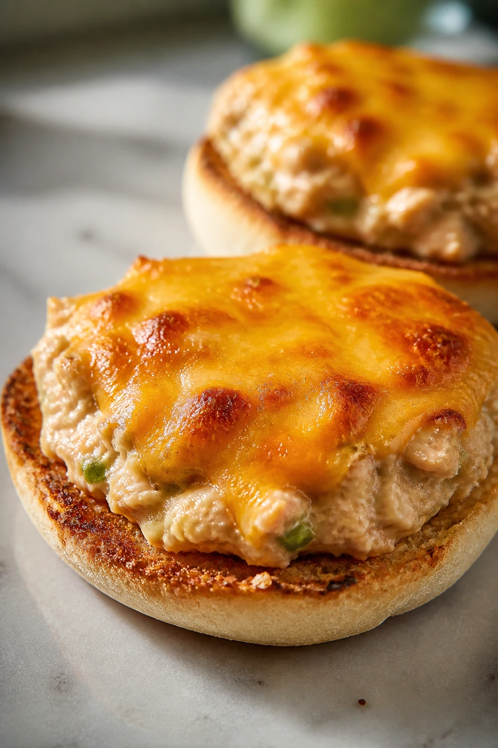 Close-up of tuna melt on toasted English muffin halves