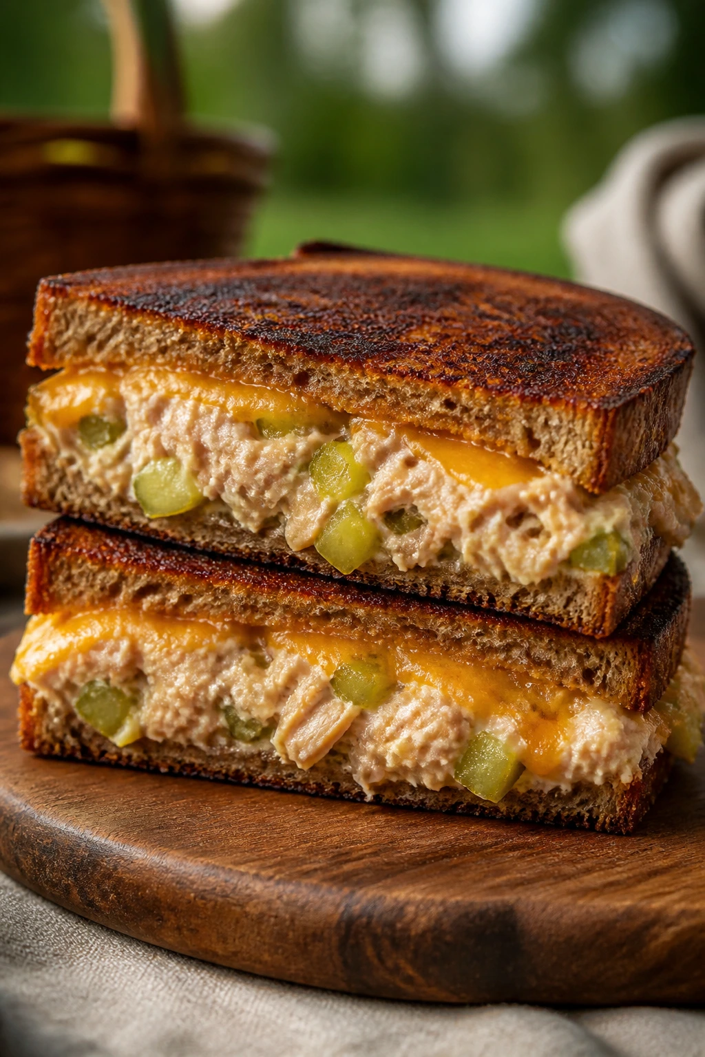 Cross-section tuna melt on rye with pickles and cheddar