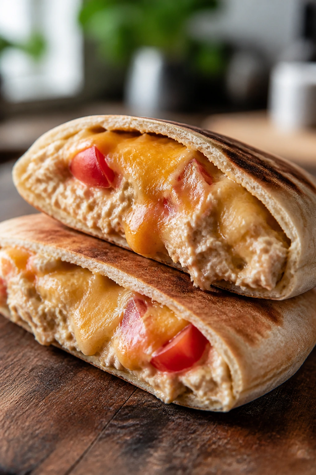 Close-up of a pita stuffed with tuna salad and melted cheese on a wooden board