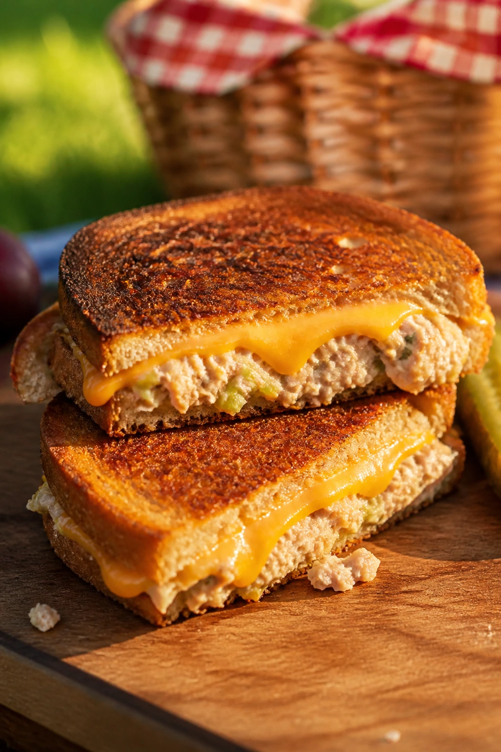 Pressed tuna melt with cheddar on sourdough outdoors