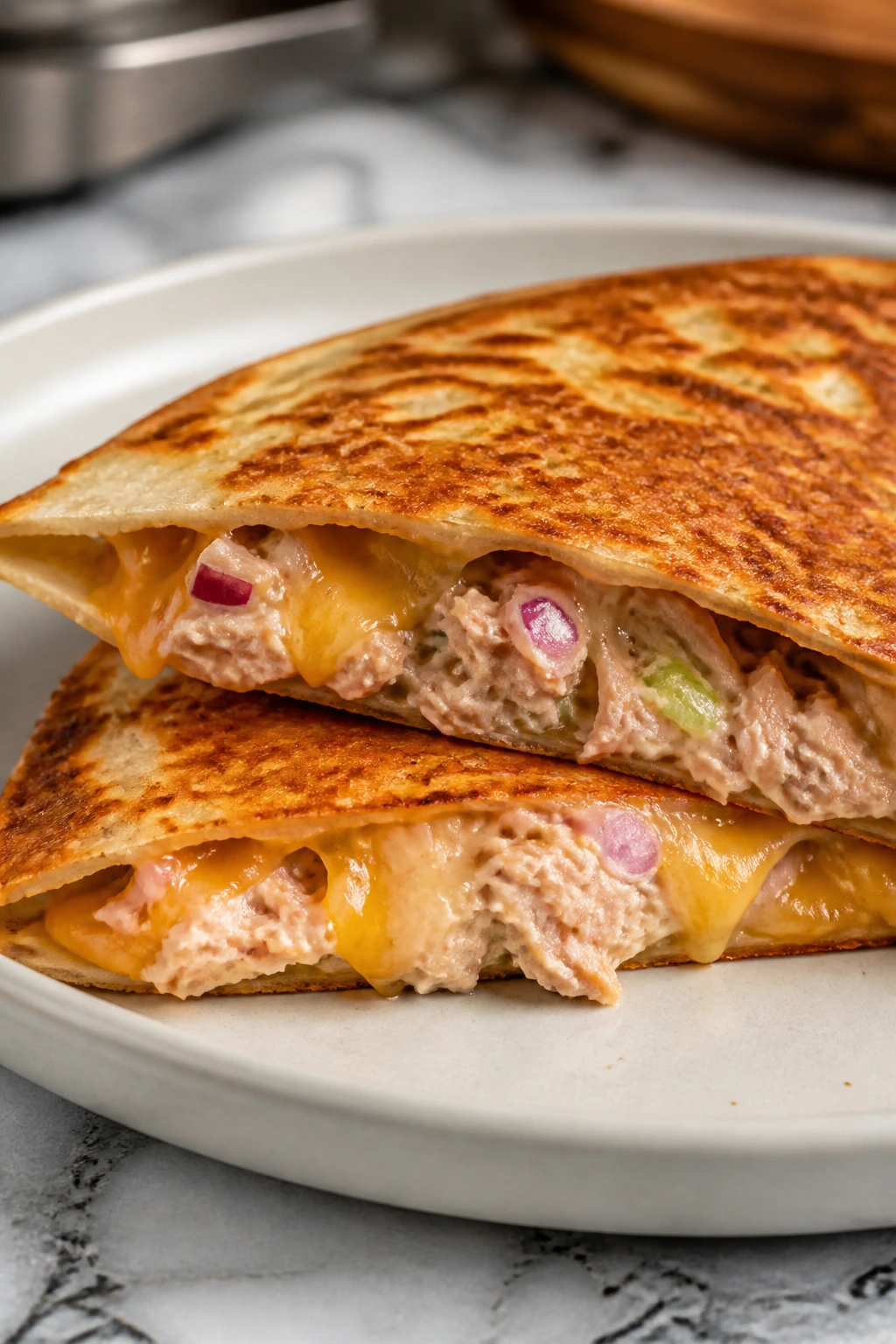Tuna melt quesadilla close-up
