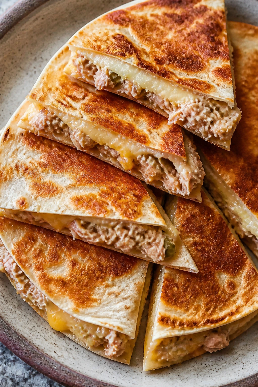 Golden tuna melt quesadilla on plate in kitchen